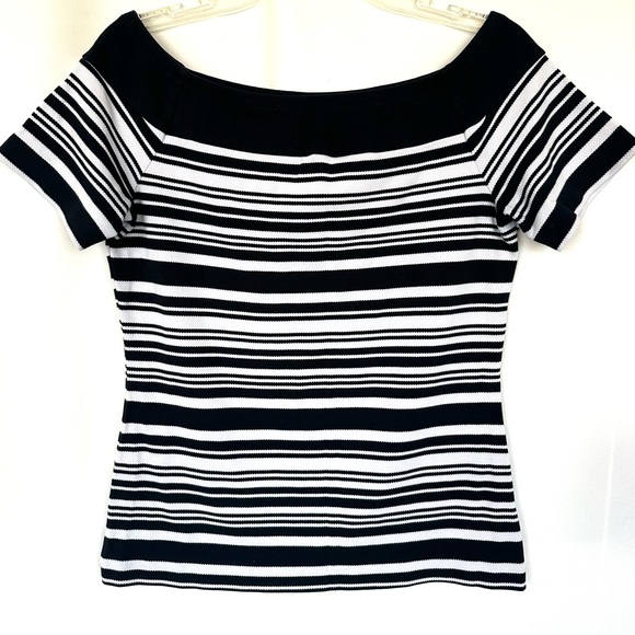MICHAEL KORS NAVY/WHITE STRIPED TEXTURED PIQUE OFF THE SHOULDER TOP SzM - Picture 4 of 7